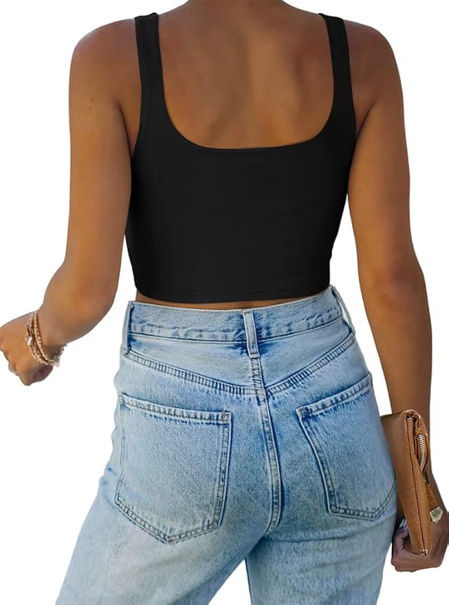 REORIA Women’s Sexy Square Neck Double Lined Seamless Sleeveless Cropped Tank Yoga Crop Basic Tops