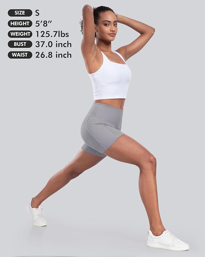 CHRLEISURE Womens Biker Yoga Shorts with Pocket, High Waisted Tummy Control 5 Inch Workout Spandex Athletic Gym Shorts