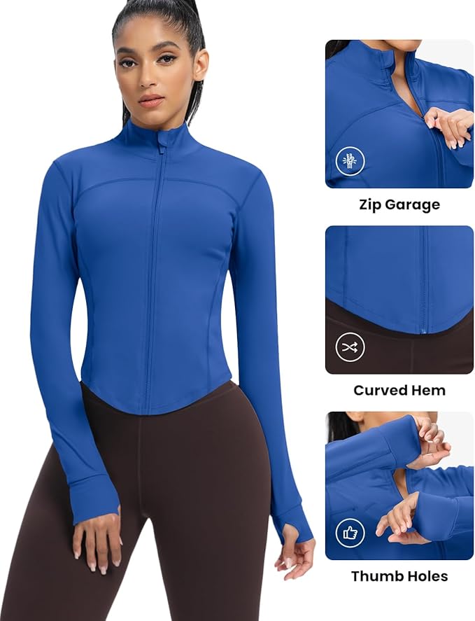 AVGO Women's Cropped Running Workout Jackets Zip Slim Fit Athletic Tops with Thumb Holes
