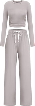 PINSPARK Women 2 Piece Lounge Set Long Sleeve Cropped Top Wide Leg Pants with Pockets 2024 Fall Outfits Matching Tracksuit