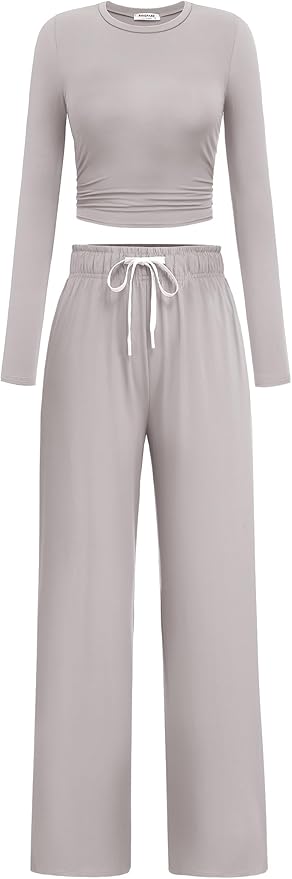 PINSPARK Women 2 Piece Lounge Set Long Sleeve Cropped Top Wide Leg Pants with Pockets 2024 Fall Outfits Matching Tracksuit