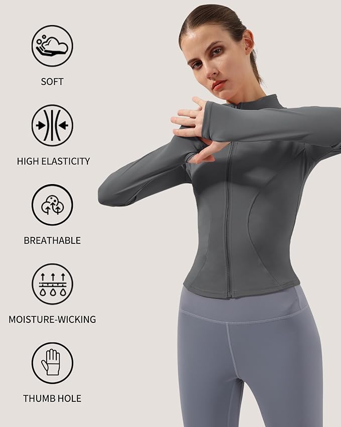 Locachy Women's Lightweight Stretchy Workout Full Zip Running Track Jacket with Thumb Holes