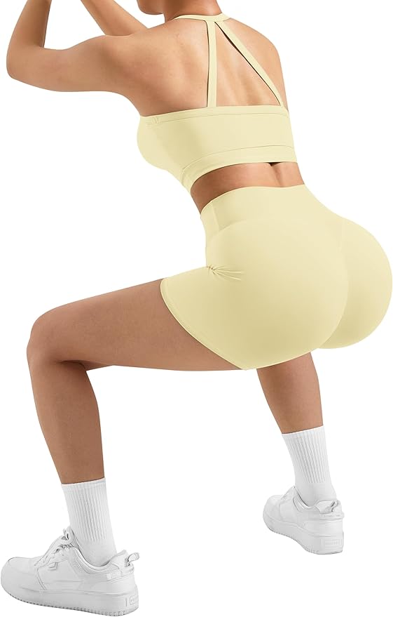 SUUKSESS Women 2 Piece Workout Sets High Waisted Tummy Control Biker Shorts Halter Padded Tank Tops