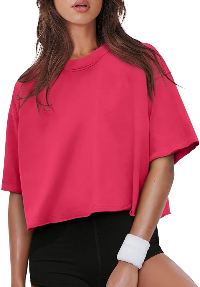 XIEERDUO Cotton Tshirts for Women Drop Shoulder Round Neck Oversized Crop Tops Workout Tops Tees
