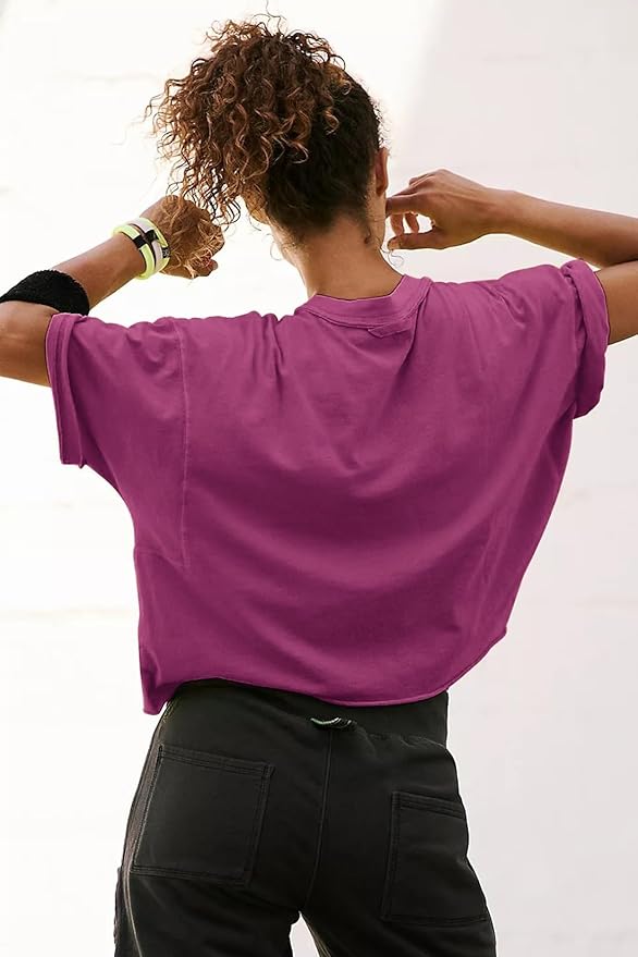 Women's Oversize Workout Crop Tops Casual Short Sleeve Drop Shoulder Boxy T-Shirts Roll Hem Basic Loose Yoga Running Tees