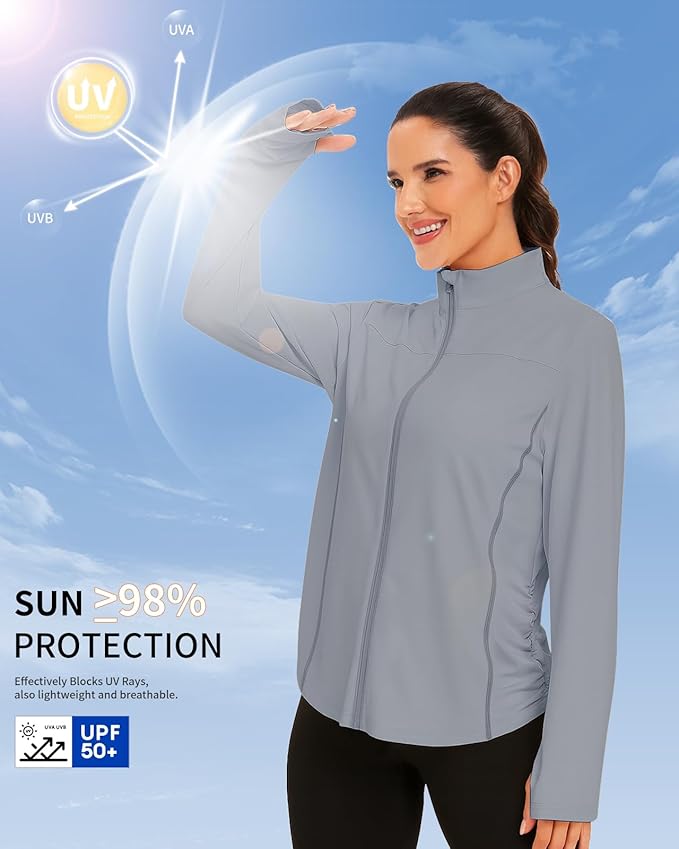 Vldnery Women's UPF 50+ Sun Protection Lightweight Jacket Zip Up Long Sleeve Sun Shirt for Women with Thumb Hole Hiking