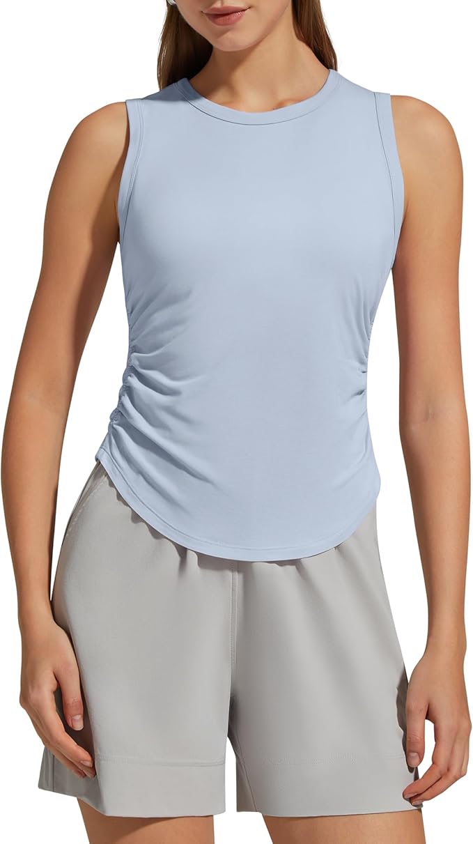 G4Free Lyocell Ruched Side Workout Tank Tops Woman High Neck Waist Length Gym Tanks Soft Relaxed Fit for Training