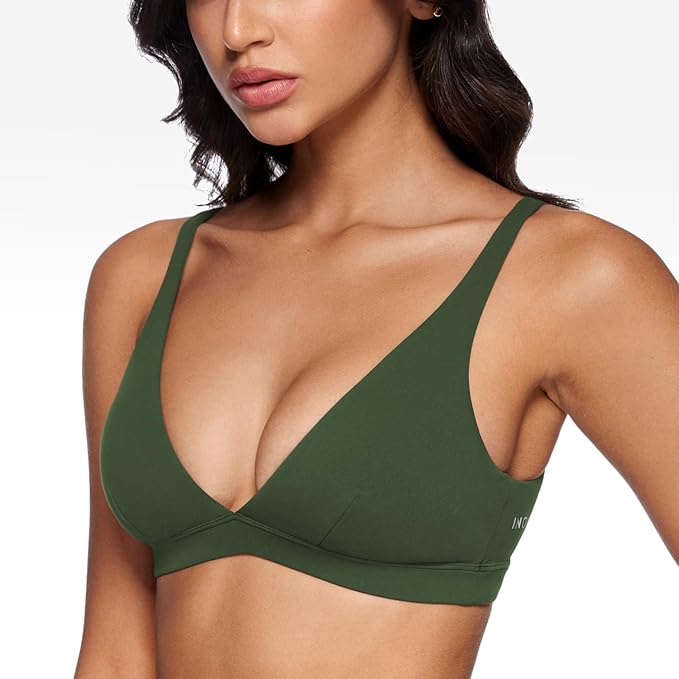 INGIA Womens Deep V-Neck Sports Bra Padded Low Impact Fitness Yoga Bra U Back Wireless Workout Bra Contour Crop Top