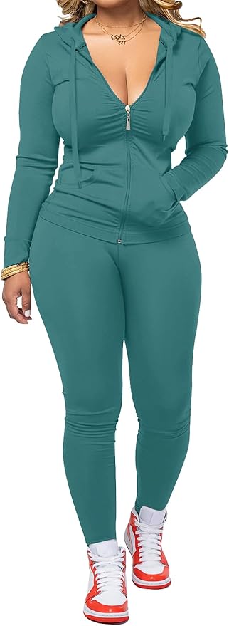 Women Two Piece Outfits Workout Sets Bodycon Legging Jacket Tracksuit Zip Up Hoodie Jogger Matching Sweat Pants Set
