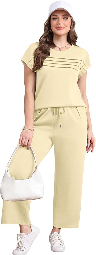 WIHOLL Two Piece Sets for Women Summer Spring Travel Vacation Outfits Cap Sleeve Lounge Matching Sets Wide Leg Pants S-3XL