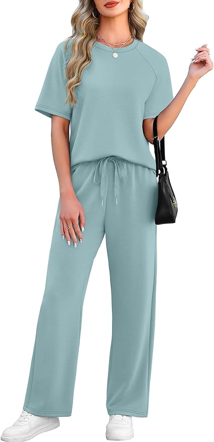 WIHOLL 2 Piece Sets for Women Resort Wear Travel Vacation Outfits Summer Short Sleeve Lounge Sets