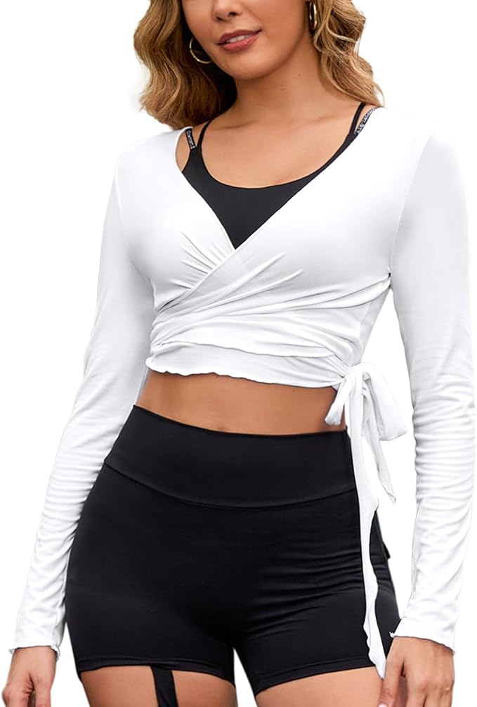 Perfashion Women Ballet Wrap Top Pilates Yoga Long Sleeve Workout Tie Tops Y2K Dance Shirt Blouses
