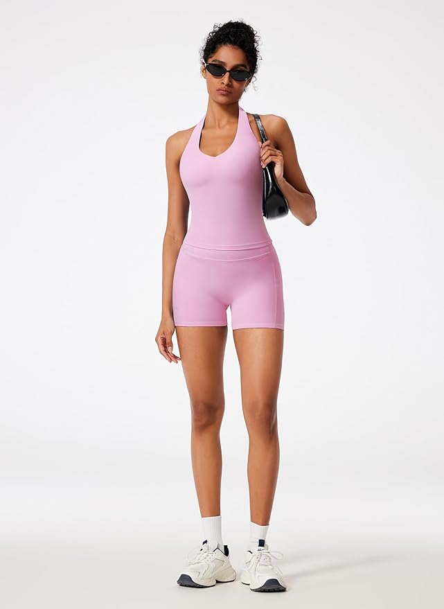 RXRXCOCO Halter Workout Sets for Women 2 Piece V Neck Tank Tops Hidden Scrunch Booty Shorts Gym Outfits with Pockets