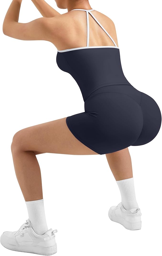 SUUKSESS Women 2 Piece Workout Sets High Waisted Tummy Control Biker Shorts Halter Padded Tank Tops