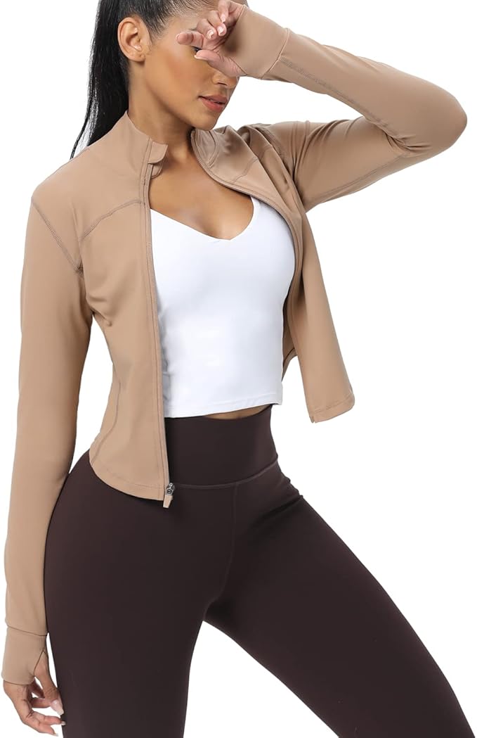 AVGO Women's Cropped Running Workout Jackets Zip Slim Fit Athletic Tops with Thumb Holes