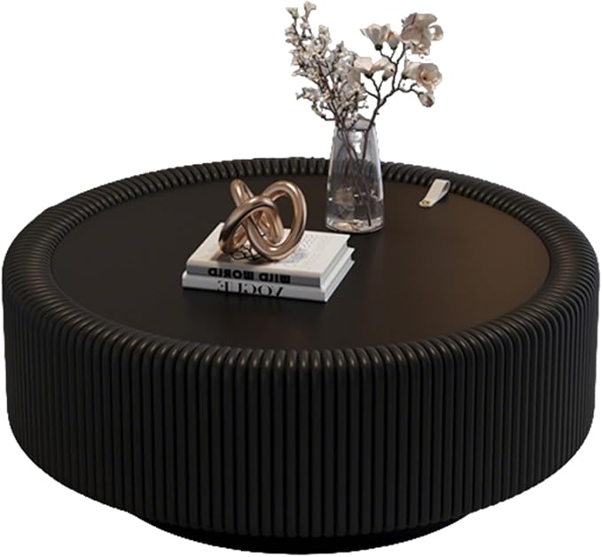 31.5" Black Round Coffee Table with Storage, Tempered Glass Top PU Leather Body & Baked Enamel Base, Modern Minimalist Fluted Circle Center Tables for or Living Room, Bedroom, Apartment