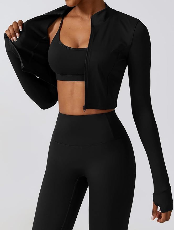 Yknktstc Womens Full Zip Athletic Jacket with Thumbhole Long Sleeve Crop Top Running Workout Yoga Sportswear Shirt