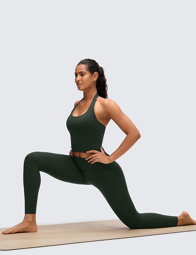 CRZ YOGA Butterluxe Halter Crop Tank Tops for Women - Open Back Padded Longline Sports Bras Workout Gym
