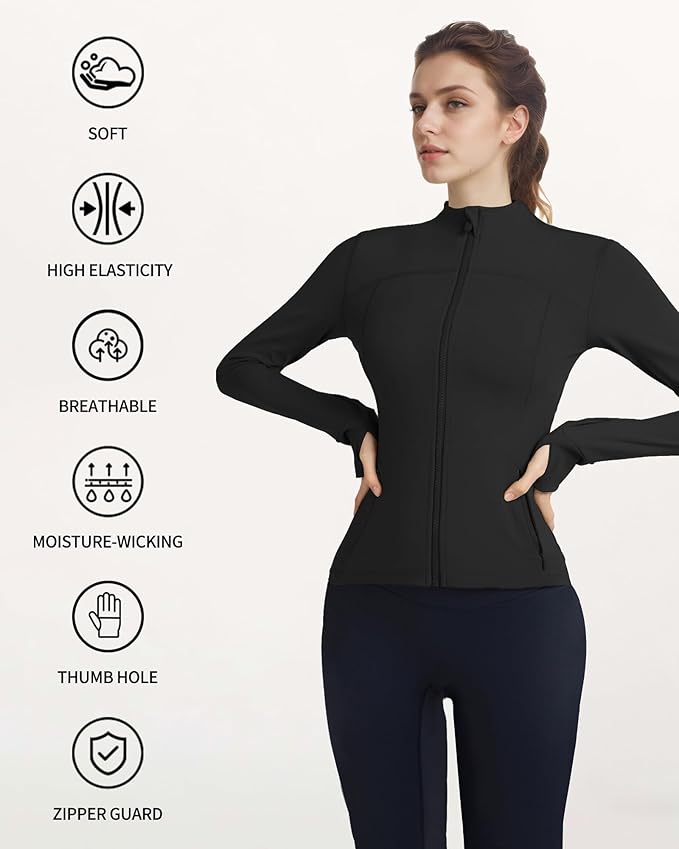Locachy Women's Slim Fit Full Zip Athletic Running Sports Workout Jacket with Thumb Holes