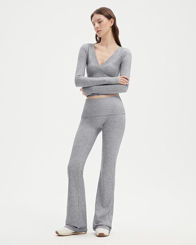 SUUKSESS Women 2 pieces Lounge Sets Long Sleeve V Neck Tops Fold Over Flare Leggings