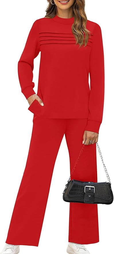 WIHOLL Two Piece Sets for Women Spring Travel Vacation Outfits 2026 Long Sleeve Lounge Sets Side Slit Wide Leg Pants S-3XL