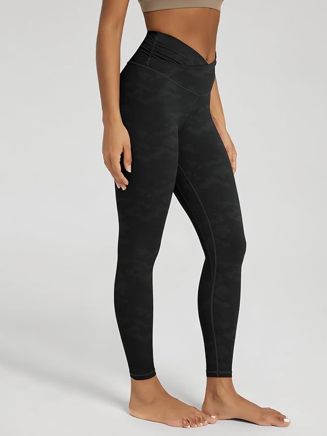 ODODOS Women's Cross Waist Yoga Leggings with Inner Pocket, 23"/25"/28" Gathered Crossover Workout Yoga Pants