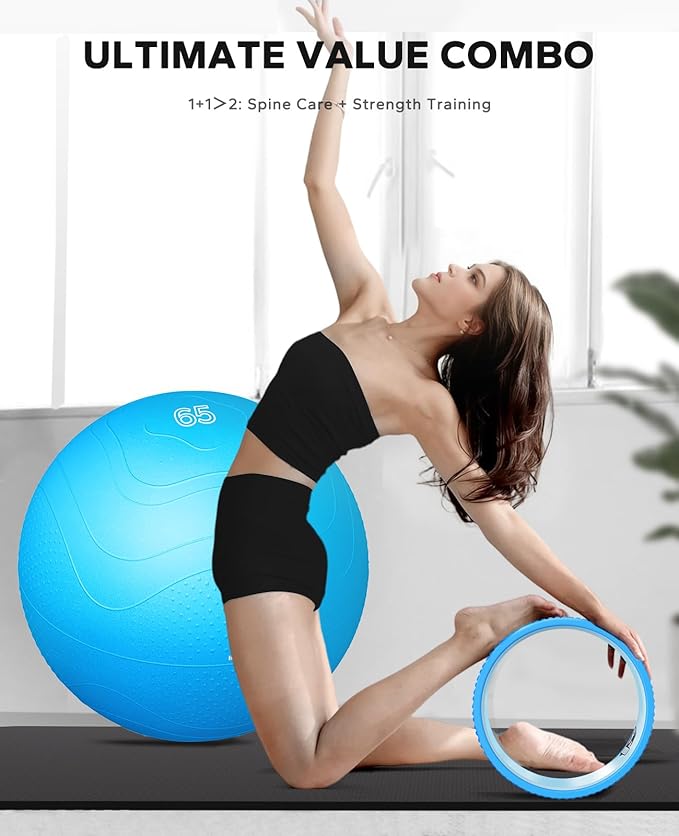 HAPBEAR Back Roller - Yoga Wheel Set with 26'' Anti-Burst Exercise Ball – 12'' PP Inner Core Spine Alignment Tool for Back Pain Relief,Core Strength & Full-Body Workout, Back Roller Wheel for Home Gym & Therapy, Pump Included