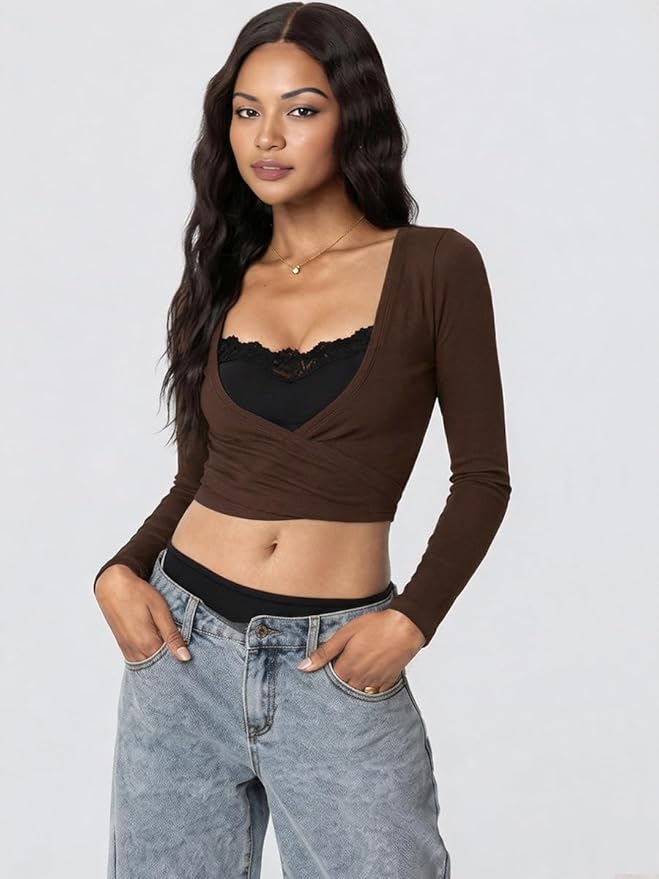 Danysu Ballet Wrap Tops Long Sleeve Cross Tie Crop Shirts Deep V-Neck Dance Clothes Fall Cardigans