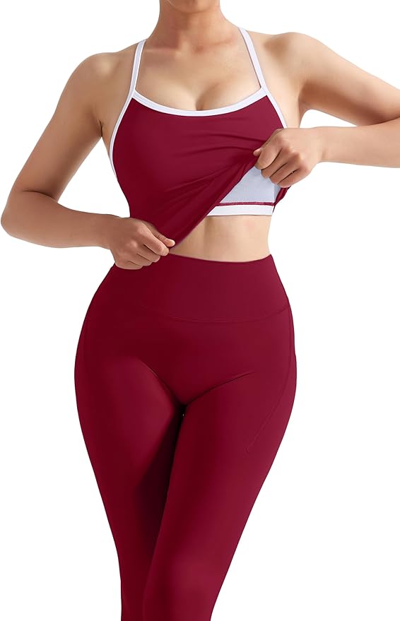 SUUKSESS Women 2 Piece Workout Sets Compression Tummy Control Leggings with Pockets Halter Built in Bra Tank Tops