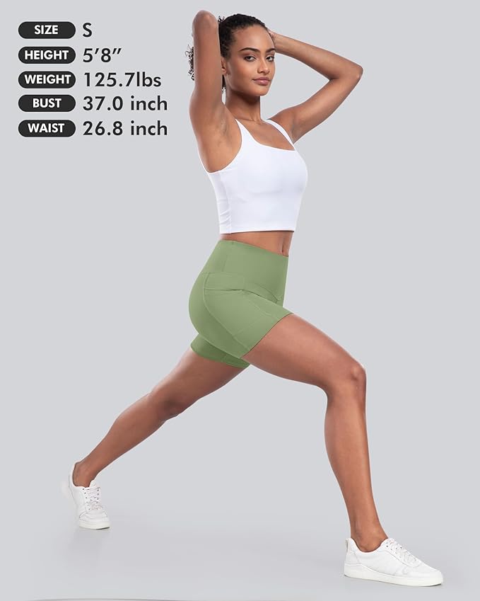 CHRLEISURE Womens Biker Yoga Shorts with Pocket, High Waisted Tummy Control 5 Inch Workout Spandex Athletic Gym Shorts