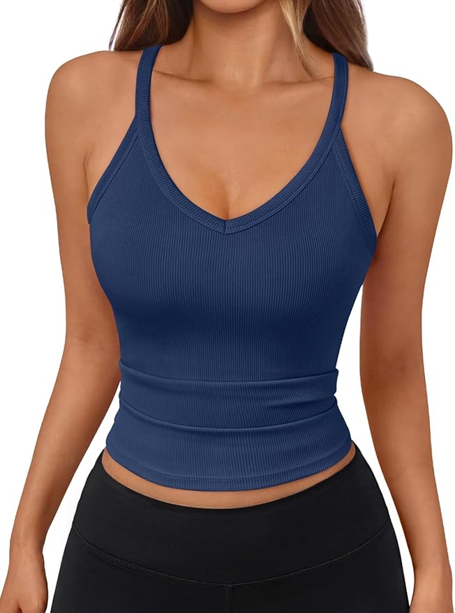 Trendy Queen Womens Racerback Ribbed Tank Tops Soft Stretch V Neck Workout Casual Tops Summer Sleeveless Crop Camisole