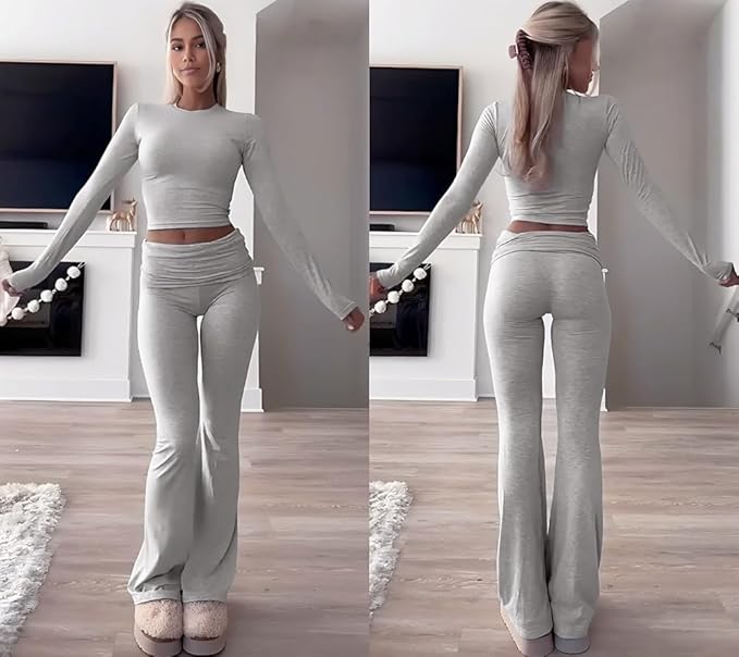 ZFLM Casual Workout Two Piece Outfits Long Sleeve High Waist Fold-Over Flared Leggings Pants Tracksuit Sets Streetwear