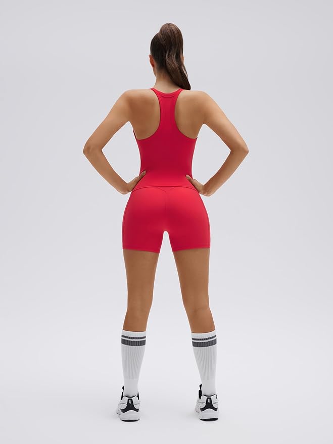 SUUKSESS Women 2 Piece Workout Sets High Waisted Biker Shorts with Pockets Built in bra Racerback Tank Tops