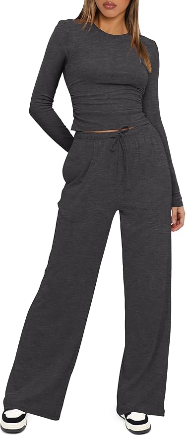 Darong Women's 2 Piece Outfits Lounge Sets 2026 Long Sleeve Tops Wide Leg Pants Casual Matching Set