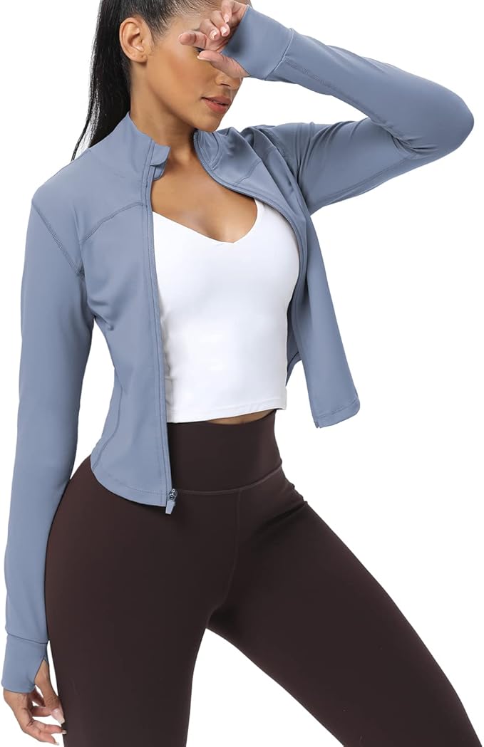 AVGO Women's Cropped Running Workout Jackets Zip Slim Fit Athletic Tops with Thumb Holes