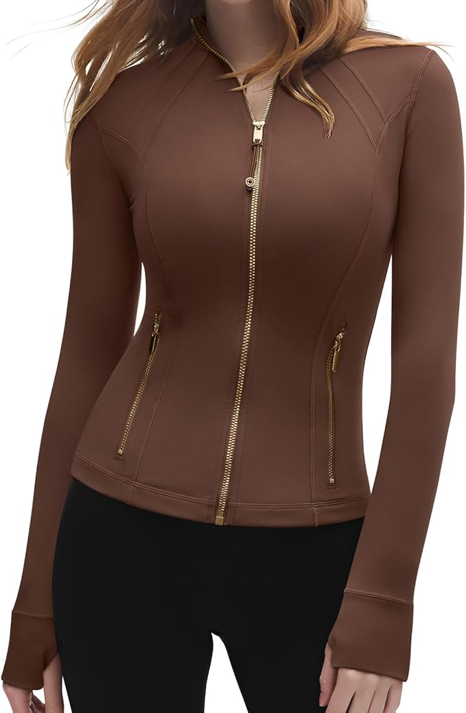 SUUKSESS Women Golden Full Zip Up Workout Cropped Jackets Lightweight Athletic Yoga Tops