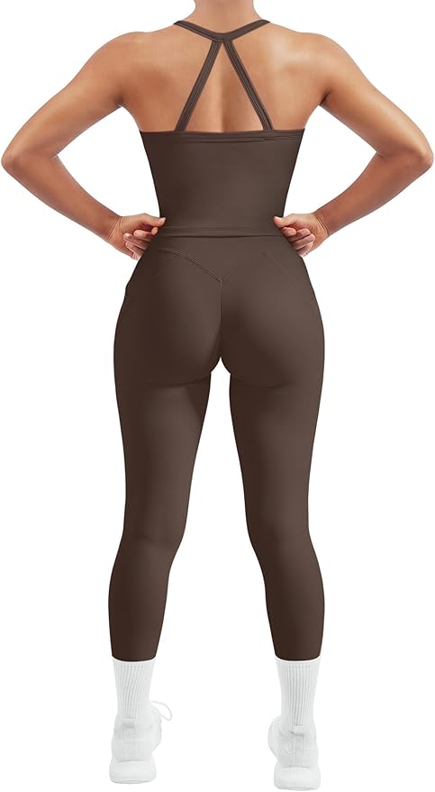 SUUKSESS Women 2 Piece Workout Sets Compression Tummy Control Leggings with Pockets Halter Built in Bra Tank Tops