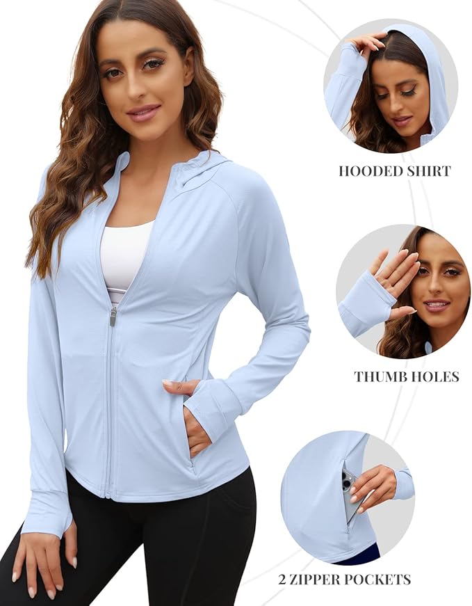 We1Fit Women's UPF 50+ Sun Protection Jacket Hoodie Sun Shirts Hiking Running Athletic Shirt