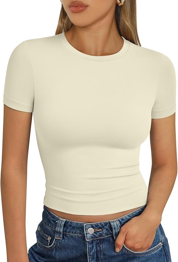 Trendy Queen Womens Short Sleeve T Shirts - Buttery Soft Summer Crop Tops Slim Fit Y2k Basic Tees for Workout