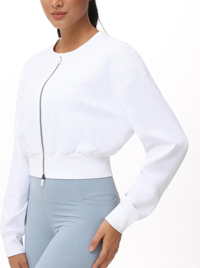 THE GYM PEOPLE Women's Cropped Jackets Full Zip Long Sleeve Ribbed Workout Sweatshirts Lightweight Casual Tops