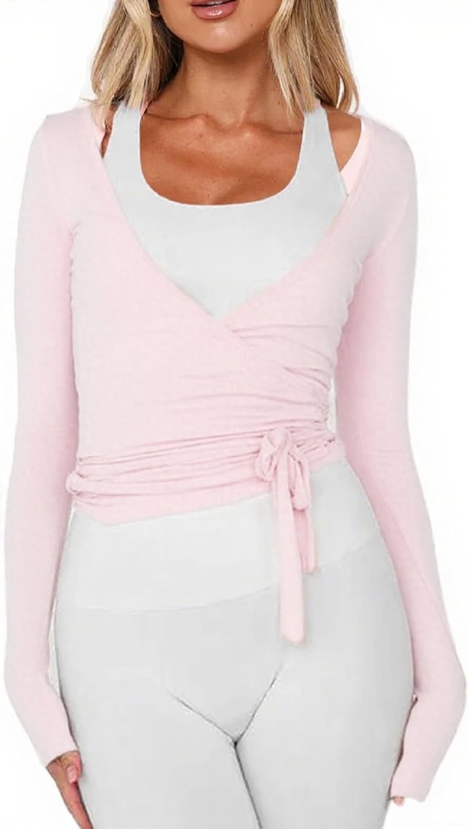 Women Wrap Top Long Sleeve Deep V Neck Cross Tie Workout Ballet Pilates Yoga Shirt