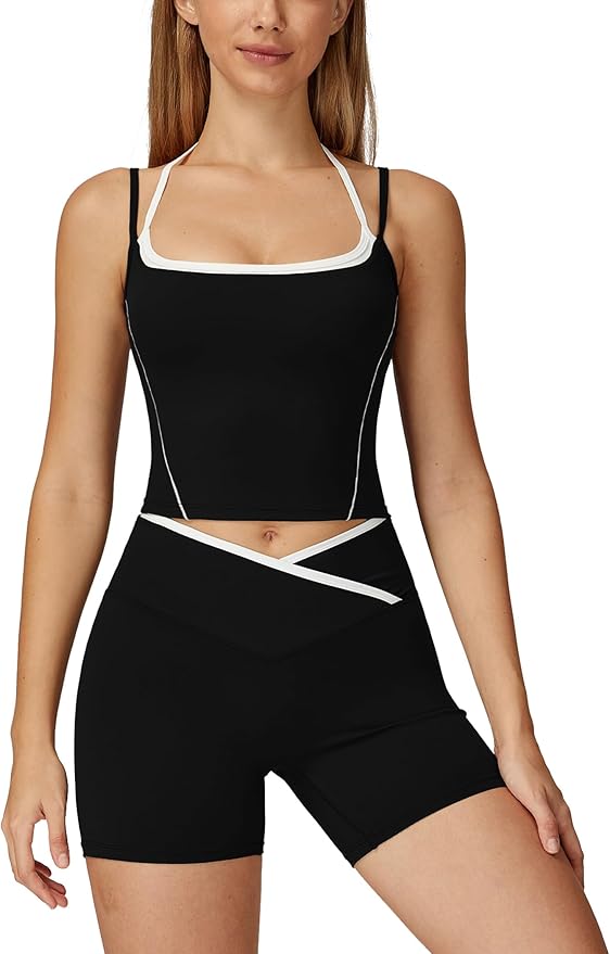ABOCIW Workout Sets for Women 2 Piece Color Block Layered Cropped Tank Top Crossover High Waist Biker Shorts Gym Sets