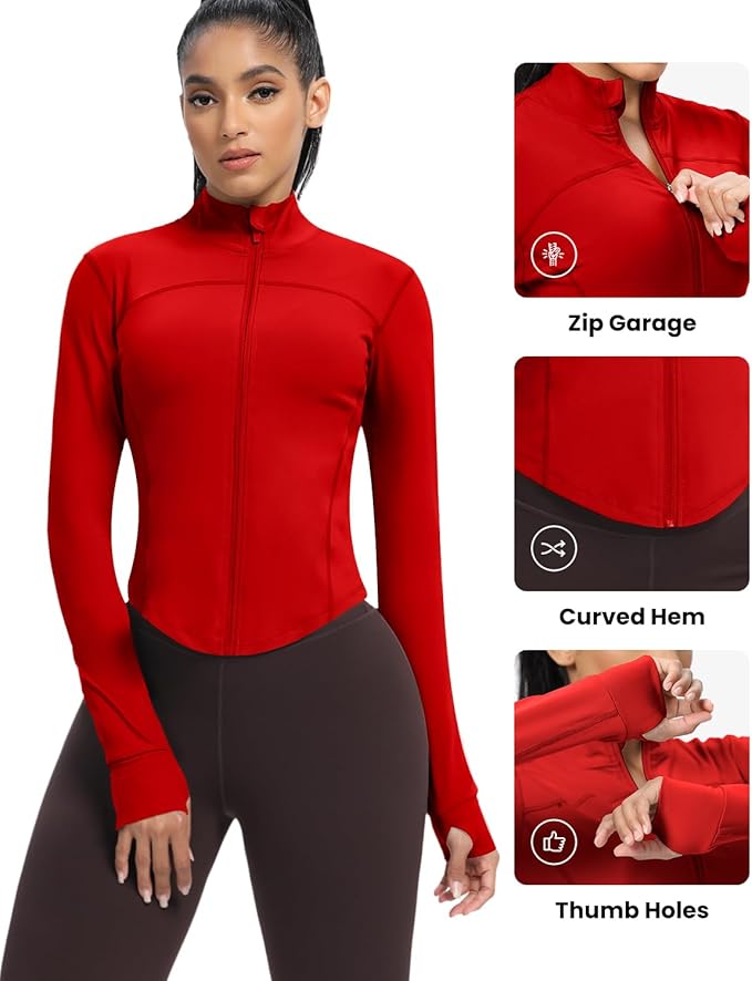 AVGO Women's Cropped Running Workout Jackets Zip Slim Fit Athletic Tops with Thumb Holes