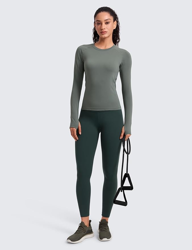 CRZ YOGA Seamless Long Sleeve Shirts for Women Waist Length - Workout Athletic Running Gym Yoga Tops Crewneck Breathable