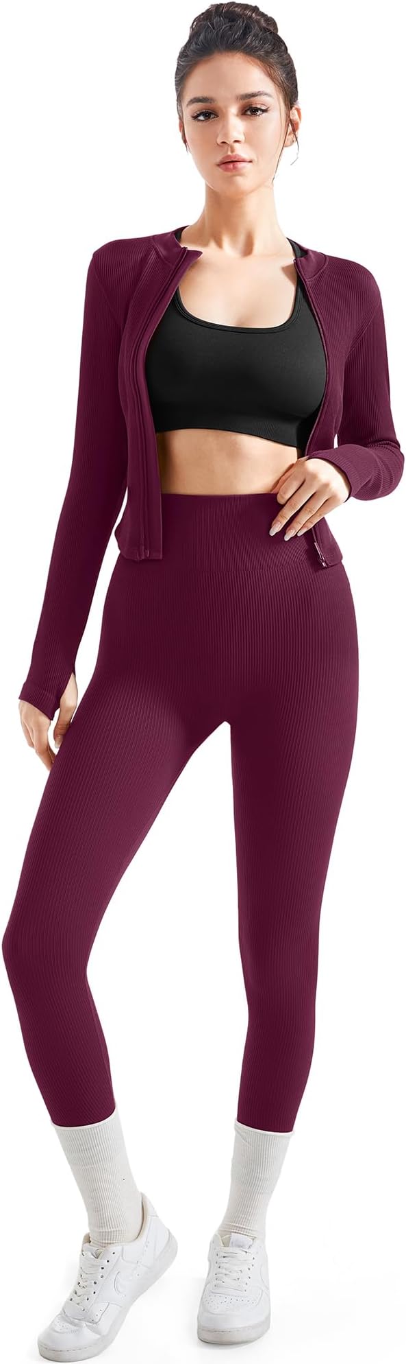 SUUKSESS Women 2 Piece Seamless Ribbed Workout Sets With Zip Up Jacket High Waisted Gym Yoga Leggings