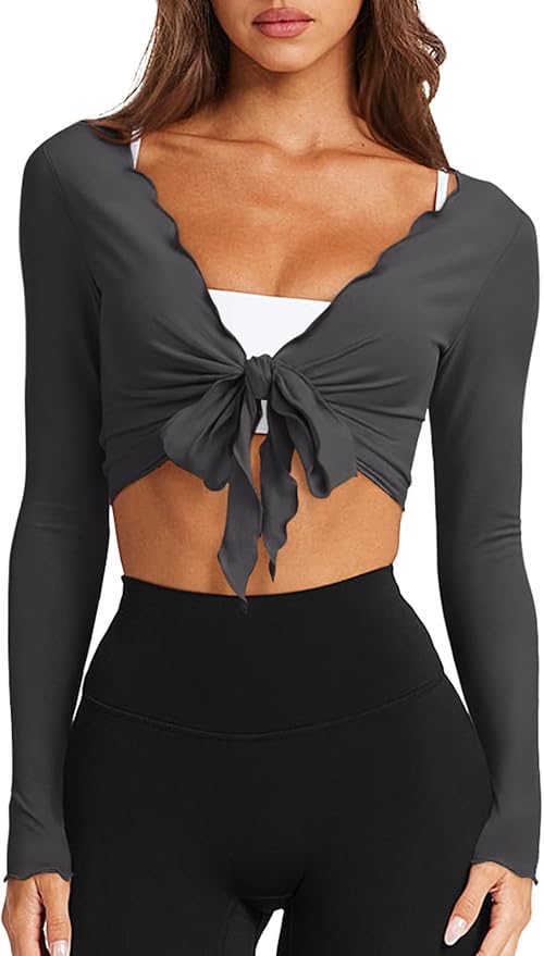 LASLULU Womens Tie Front Wrap Tops Long Sleeve Bolero Shrugs Crop Cardigan Yoga Ballet Cover up Tops Pilates Outfits