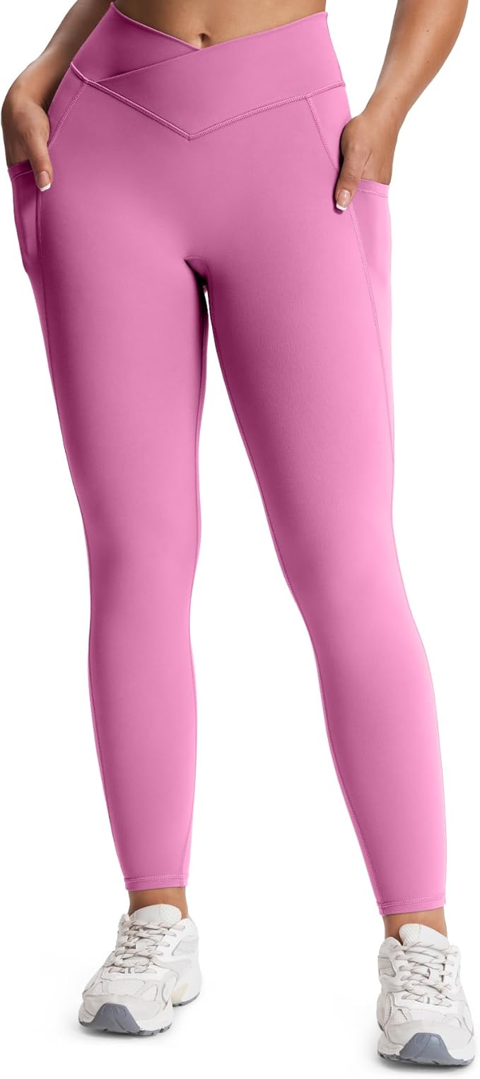 Aoxjox Women's Trinity High Waisted Yoga Pants with Pockets Cross-Waist Tummy Control Buttery Soft Workout Leggings 26"