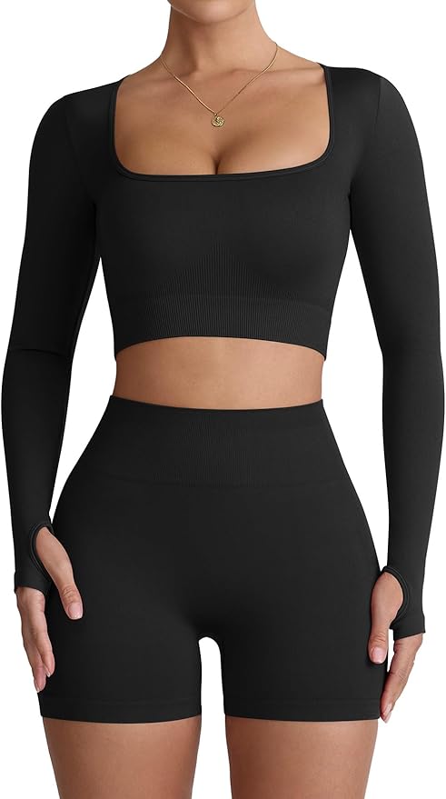 Two Piece Workout Set for Women Long Sleeve Top Matching High Waist Scrunch Butt Shorts Gym Sets Yoga Outfits Sets