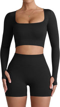 Two Piece Workout Set for Women Long Sleeve Top Matching High Waist Scrunch Butt Shorts Gym Sets Yoga Outfits Sets