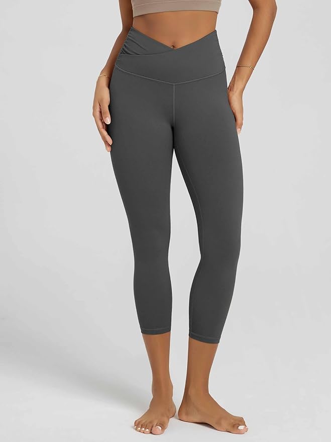 ODODOS Women's Cross Waist Yoga Leggings with Inner Pocket, 23"/25"/28" Gathered Crossover Workout Yoga Pants
